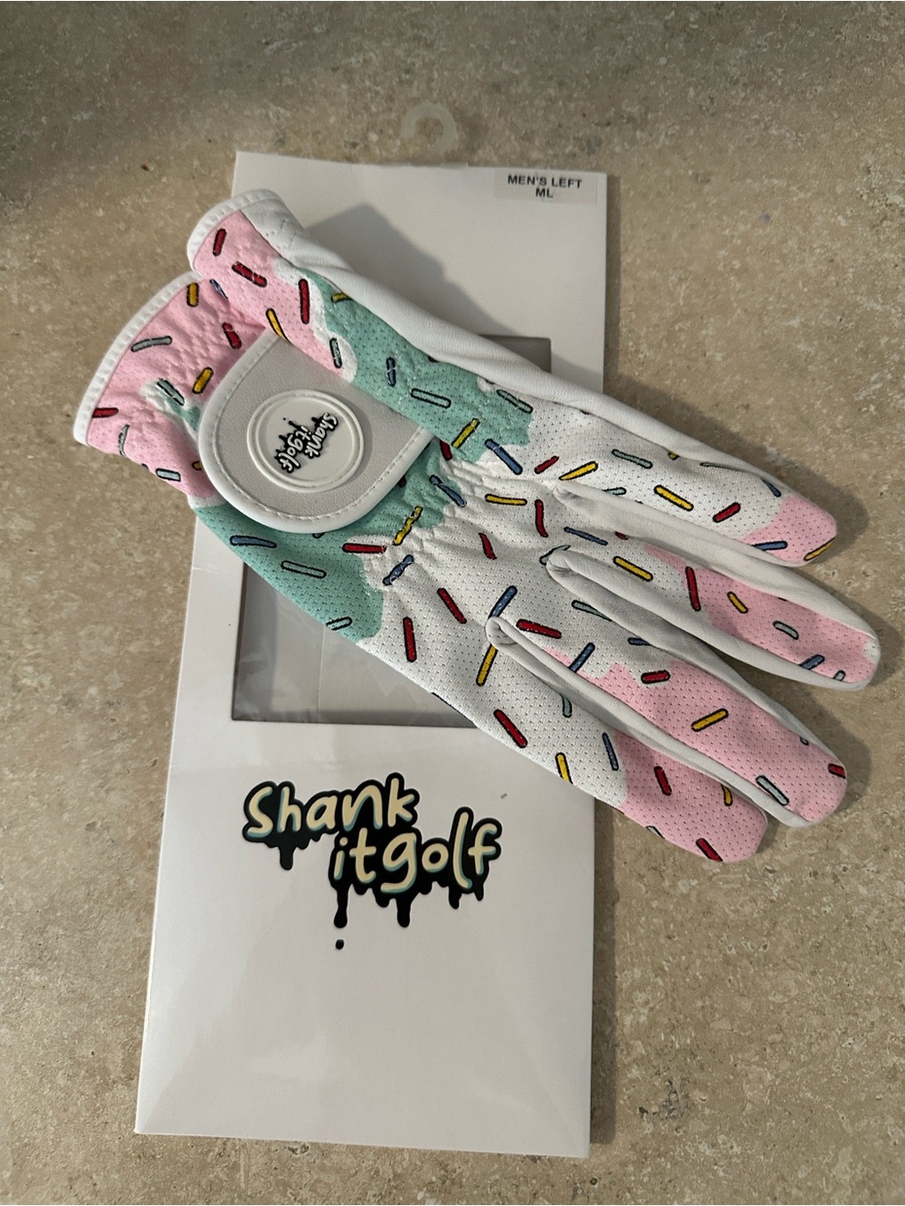 Men’s Left Golf Glove in Pink/White/Green Sprinkle